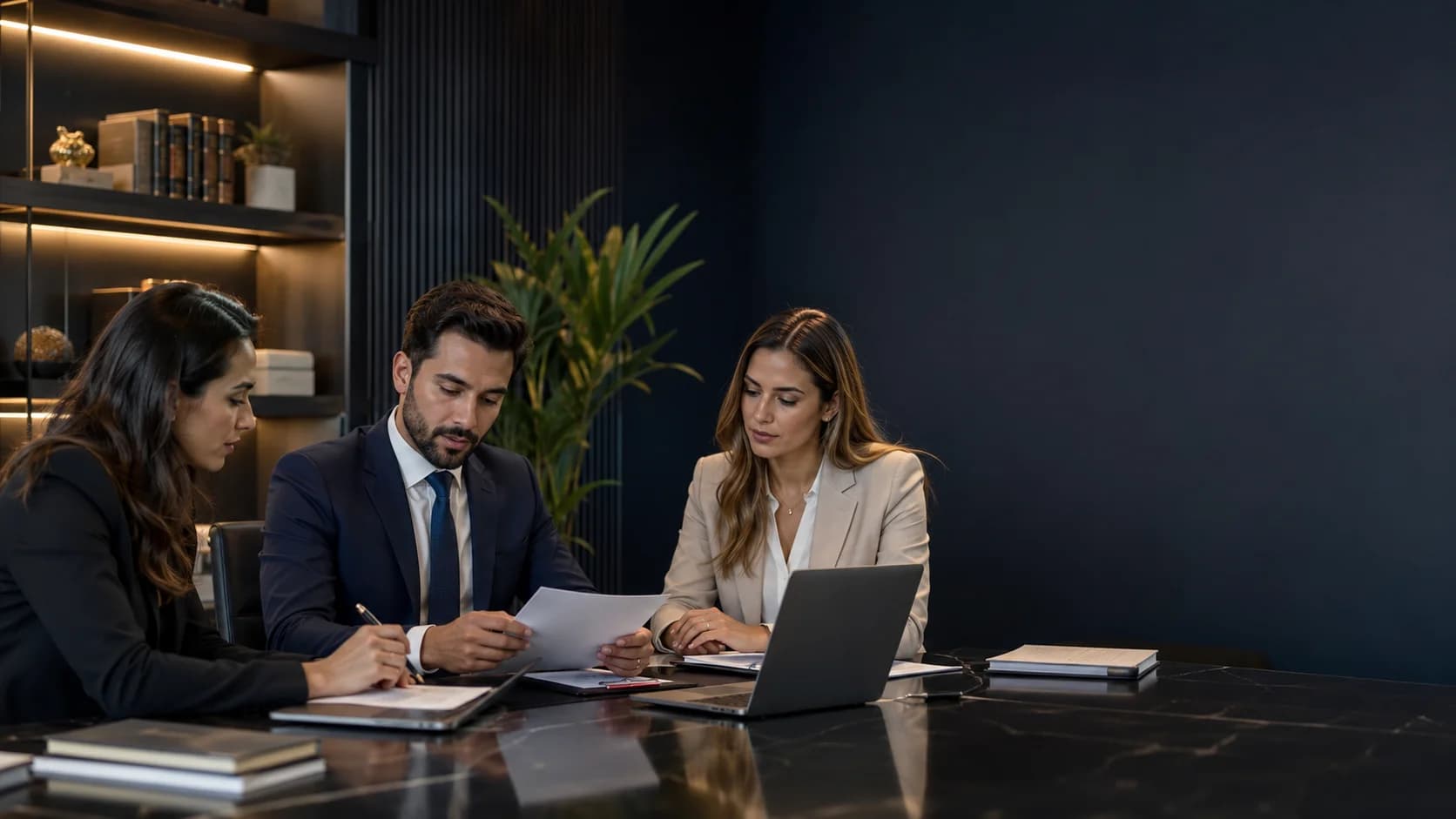 Equipe jurídica analisando documentos e discutindo um caso
